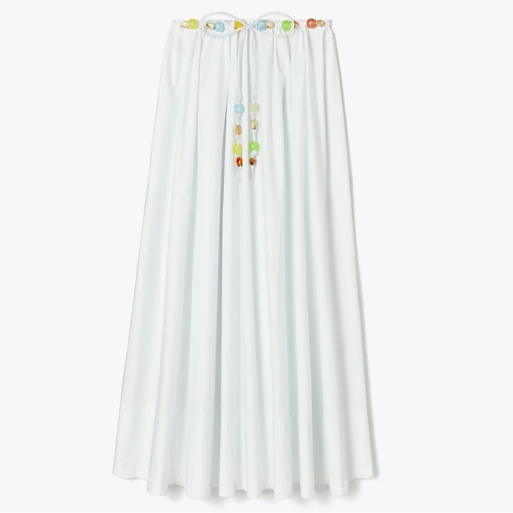 NWT $398 Tory Burch Beaded Cotton Poplin Skirt In White
